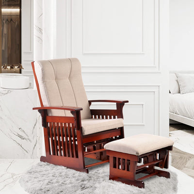 Segmart Glider Rocker and Ottoman Set, Retro Caramel Finish with Beige Cushions, Smooth Rocking Motion Rustic Style Rocking Chair, Easy to Assemble, Solid Wood Base, SS01