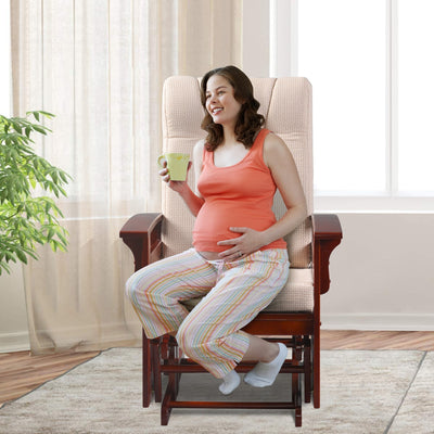 Glider Chair for Nursery, Wood Baby Rocker Nursery Furniture with ottoman, Upholstered Comfort Nursery Chair with Cushion, Accent Recliner Chair for Napping, Nursing, Reading, Cherry, SS02