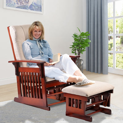 Segmart Glider Rocker and Ottoman Set, Retro Caramel Finish with Beige Cushions, Smooth Rocking Motion Rustic Style Rocking Chair, Easy to Assemble, Solid Wood Base, SS01