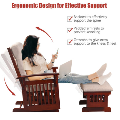 Glider Chair for Nursery, Wood Baby Rocker Nursery Furniture with ottoman, Upholstered Comfort Nursery Chair with Cushion, Accent Recliner Chair for Napping, Nursing, Reading, Cherry, SS02