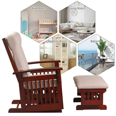 Segmart Glider Rocker and Ottoman Set, Retro Caramel Finish with Beige Cushions, Smooth Rocking Motion Rustic Style Rocking Chair, Easy to Assemble, Solid Wood Base, SS01