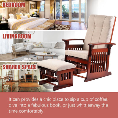 Glider Chair for Nursery, Wood Baby Rocker Nursery Furniture with ottoman, Upholstered Comfort Nursery Chair with Cushion, Accent Recliner Chair for Napping, Nursing, Reading, Cherry, SS02