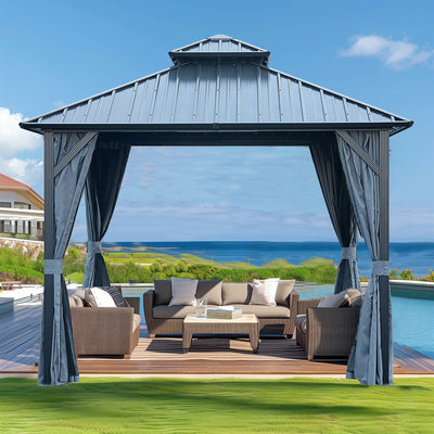 Segmart 10' x 10' Hardtop Gazebo Outdoor, Galvanized Steel Aluminum Metal Double Roof Gazebo with Netting and Curtains, Permanent Patio Gazebo Pavilion for Backyard, Deck, Lawn, Gray