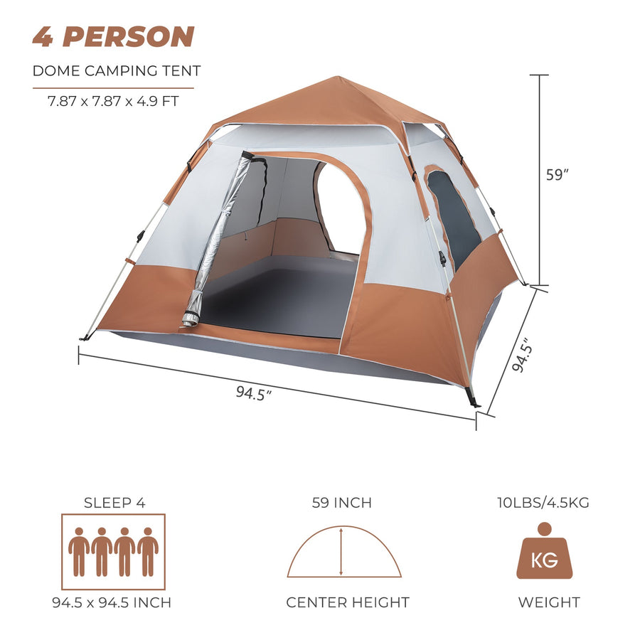 4 person Tent Instant Pop up Tents for Camping, Dome Tent Camping Tent with Screened-In Porch, Cabin Tent for Camping with Camping Accessories Sets Up in 60 Seconds, Brown, S10433