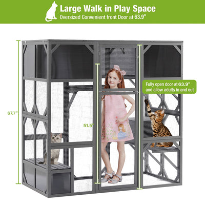 Segmart Large Catio Cat House, Outdoor Wooden Cat Catio Enclosure with Sunshine Board, Outdoor Walk-in Weatherproof UV Proof Cat Condo Playpen Enclosures for Cats, Dark Grey