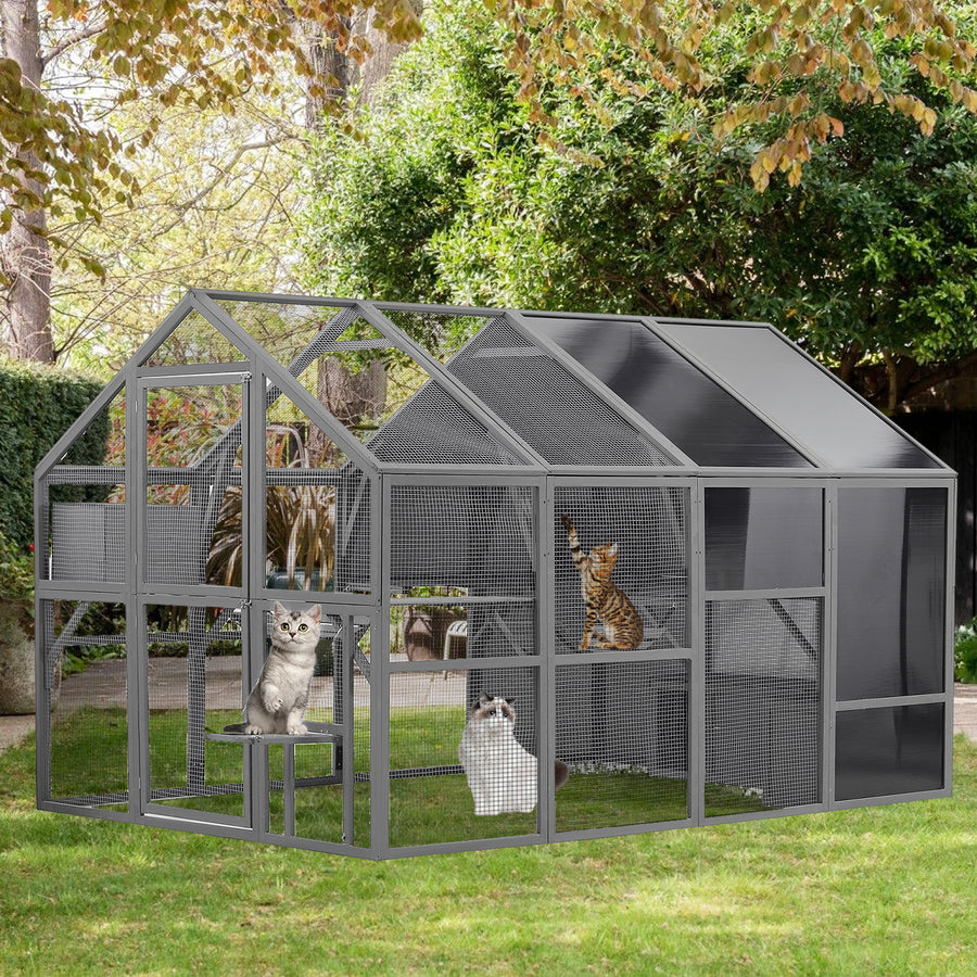 Segmart Cat House Outdoor Catio, 108.7'' Weatherproof UV Proof Walk-in Catio Large Cat Enclosure Surper Large for 15-20 Cats, Cat Cage Iguana Cage with Sunshine Board & Bouncy Bridge, Dark Grey