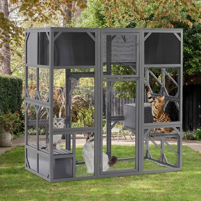 Segmart Cat House Outdoor Catio Wooden Walk-in Cat Enclosure Large for Multiple Cats, Upgrade Luxurious Wooden Cat Condo Cage Indoor Playpen with Sunshine Board, Dark Grey