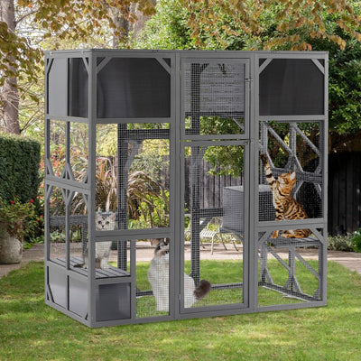 Segmart Large Catio Cat House, Outdoor Wooden Cat Catio Enclosure with Sunshine Board, Outdoor Walk-in Weatherproof UV Proof Cat Condo Playpen Enclosures for Cats, Dark Grey