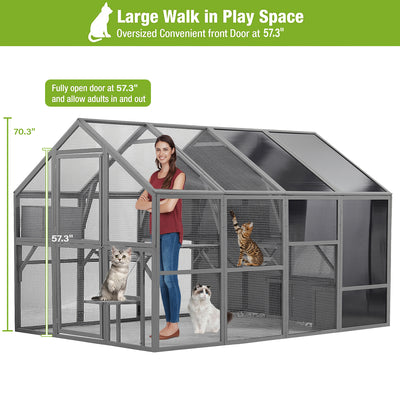 Segmart Cat House Outdoor Catio, 108.7'' Weatherproof UV Proof Walk-in Catio Large Cat Enclosure Surper Large for 15-20 Cats, Cat Cage Iguana Cage with Sunshine Board & Bouncy Bridge, Dark Grey