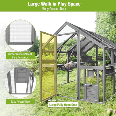 Cat House Outdoor Luxurious Cat Condo, Segmart Walk-in Weatherproof UV Proof Walk in Catio Enclosure Iguana Cage with Sunshine Board, Super Large Enter Door, Sleeping Houses, Bridges, Dark Grey