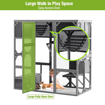 Segmart Large Catio Cat House, Outdoor Wooden Cat Catio Enclosure with Sunshine Board, Outdoor Walk-in Weatherproof UV Proof Cat Condo Playpen Enclosures for Cats, Dark Grey