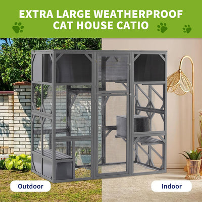 Segmart Large Catio Cat House, Outdoor Wooden Cat Catio Enclosure with Sunshine Board, Outdoor Walk-in Weatherproof UV Proof Cat Condo Playpen Enclosures for Cats, Dark Grey
