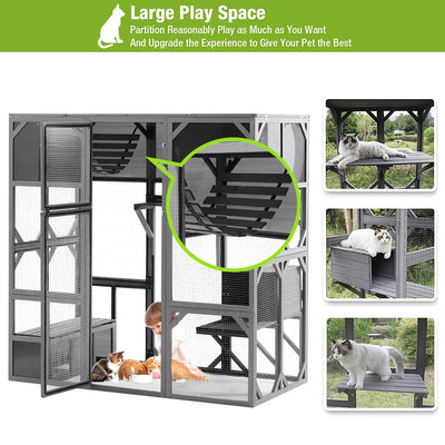 Segmart Large Catio Cat House, Outdoor Wooden Cat Catio Enclosure with Sunshine Board, Outdoor Walk-in Weatherproof UV Proof Cat Condo Playpen Enclosures for Cats, Dark Grey