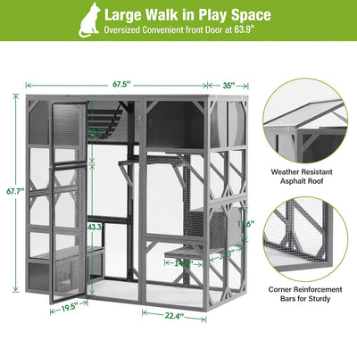 Segmart Large Catio Cat House, Outdoor Wooden Cat Catio Enclosure with Sunshine Board, Outdoor Walk-in Weatherproof UV Proof Cat Condo Playpen Enclosures for Cats, Dark Grey