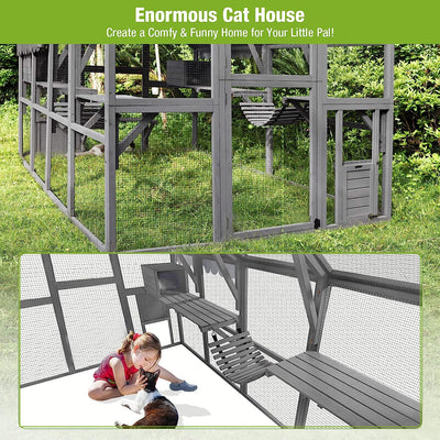 Cat House Outdoor Luxurious Cat Condo, Segmart Walk-in Weatherproof UV Proof Walk in Catio Enclosure Iguana Cage with Sunshine Board, Super Large Enter Door, Sleeping Houses, Bridges, Dark Grey