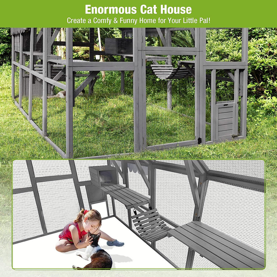 Segmart Grey Cat House Large 108.7'', Weatherproof UV Proof Walk-in Wooden Cat Enclosure Large for Multiple Cats, Upgrade Luxury Cat Condo Cage Playpen with Sunshine Board, Dark Grey