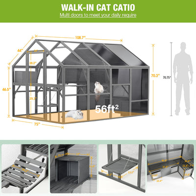 Cat House Outdoor Luxurious Cat Condo, Segmart Walk-in Weatherproof UV Proof Walk in Catio Enclosure Iguana Cage with Sunshine Board, Super Large Enter Door, Sleeping Houses, Bridges, Dark Grey