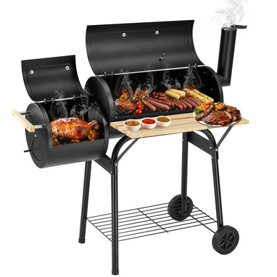 Segmart Charcoal Grill with Offset Smoker & Side Table, Portable Outdoor Camping Barrel BBQ Oven with Wheels, Black