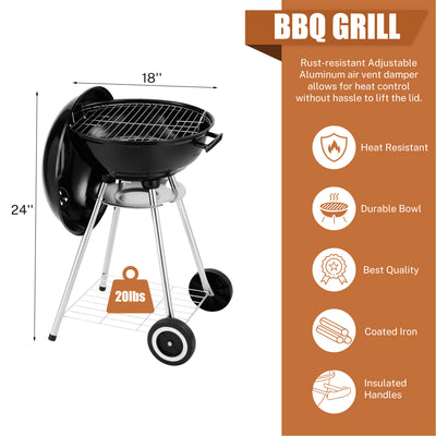 Segmart Kettle Charcoal Grill, 18 Inch Portable Camping BBQ Grill with Wheels for Outdoor Cooking Picnic Barbecue, Black