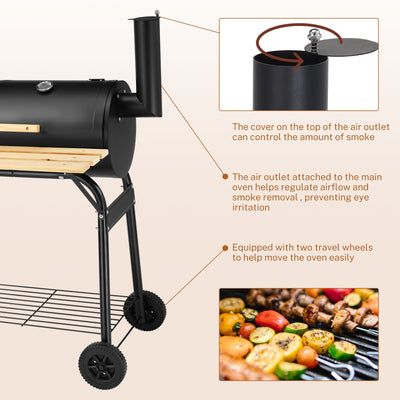 Segmart Charcoal Grill with Offset Smoker & Side Table, Portable Outdoor Camping Barrel BBQ Oven with Wheels, Black