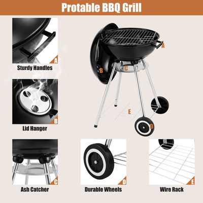 Segmart Kettle Charcoal Grill, 18 Inch Portable Camping BBQ Grill with Wheels for Outdoor Cooking Picnic Barbecue, Black