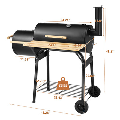 Segmart Charcoal Grill with Offset Smoker & Side Table, Portable Outdoor Camping Barrel BBQ Oven with Wheels, Black