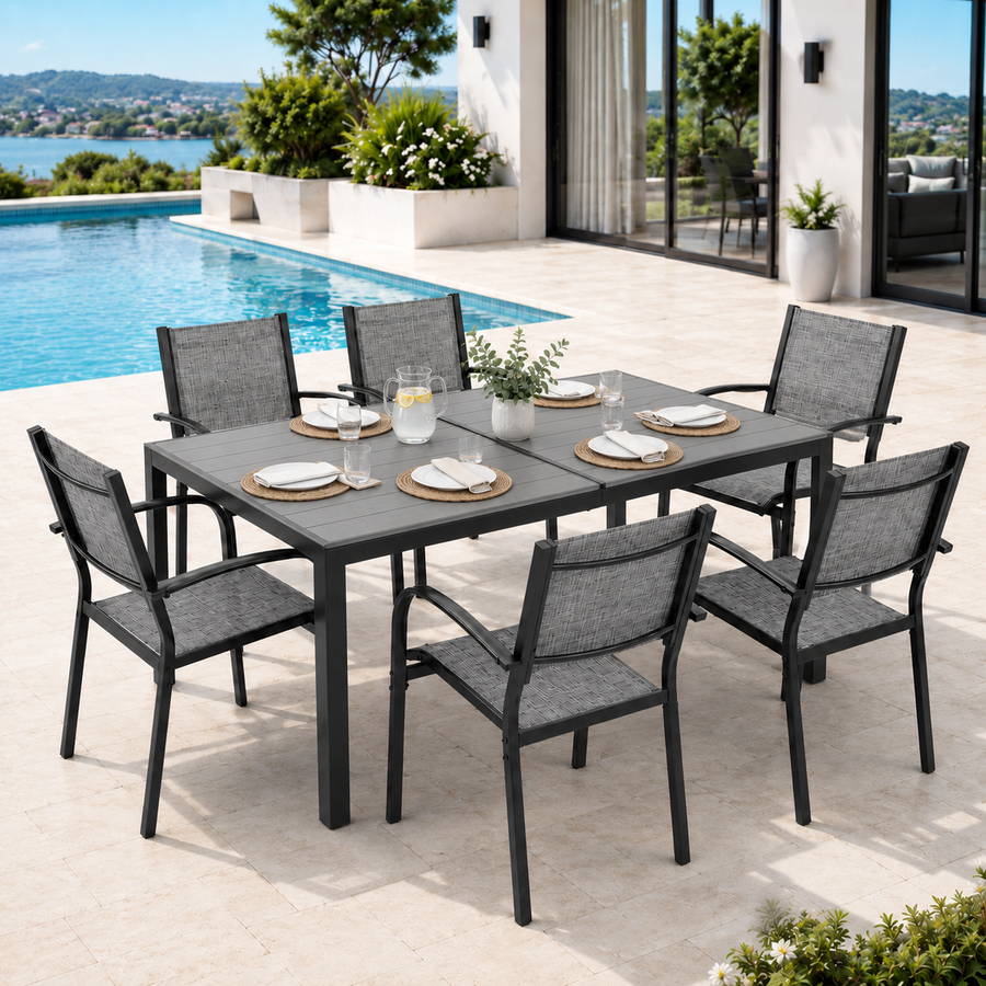 7 Piece Outdoor Dining Set, Patio Dining Table Set for 6 Persons, Garden Patio Textilene Dining Furniture Set with Plastic-Wood Tabletop, Dining Table Chairs Conversation Set for Deck Patio