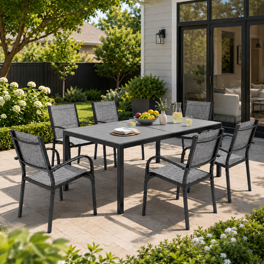 7 Piece Outdoor Dining Set, Patio Dining Table Set for 6 Persons, Garden Patio Textilene Dining Furniture Set with Plastic-Wood Tabletop, Dining Table Chairs Conversation Set for Deck Patio