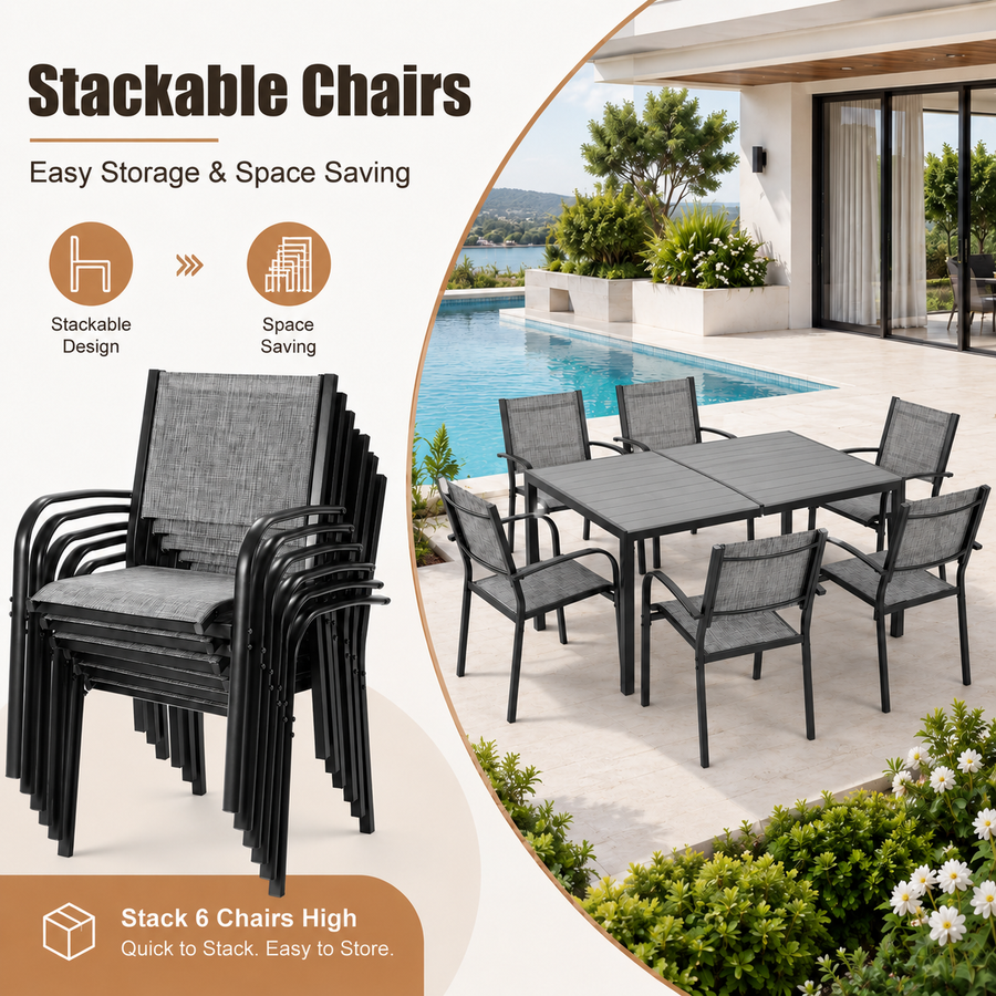 7 Piece Outdoor Dining Set, Patio Dining Table Set for 6 Persons, Garden Patio Textilene Dining Furniture Set with Plastic-Wood Tabletop, Dining Table Chairs Conversation Set for Deck Patio