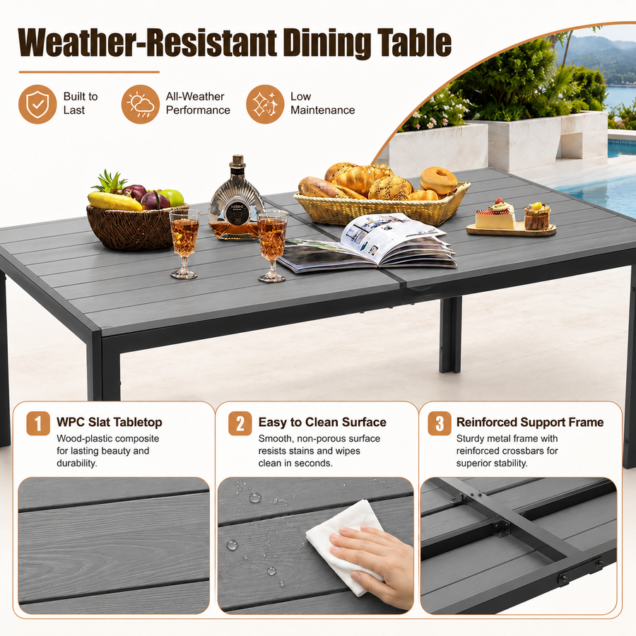 7 Piece Outdoor Dining Set, Patio Dining Table Set for 6 Persons, Garden Patio Textilene Dining Furniture Set with Plastic-Wood Tabletop, Dining Table Chairs Conversation Set for Deck Patio