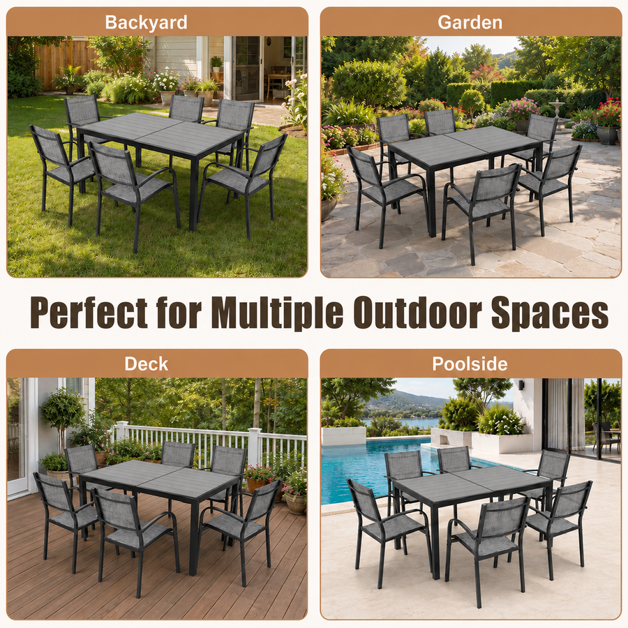 7 Piece Outdoor Dining Set, Patio Dining Table Set for 6 Persons, Garden Patio Textilene Dining Furniture Set with Plastic-Wood Tabletop, Dining Table Chairs Conversation Set for Deck Patio