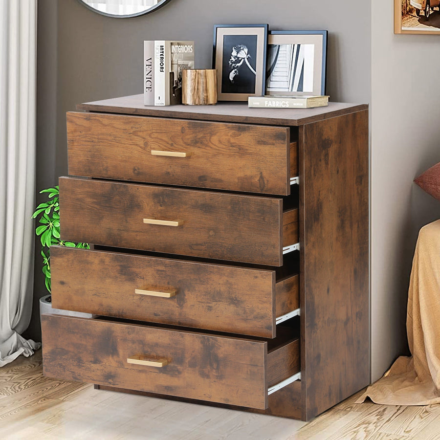 4-Drawer Wood Chest of Drawers for Bedroom, Fashion Elegant Chest of Drawers w/Metal Handles, Durable MDF Wood Chest Cabinet for Closet to Storing Clothes Office, Brown, S7891