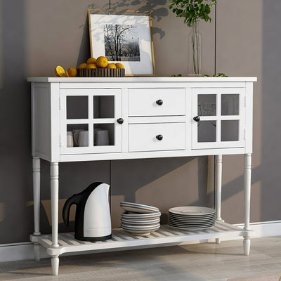 Clearance! 42'' x 14'' x 34'' Console Table with 2 Drawers and 2 Glass Cabinet, Wood Buffet Sideboard Desk with Bottom Shelf, Retro Tall Console Table Entryway Table Accent Table, 114lbs, White, S555