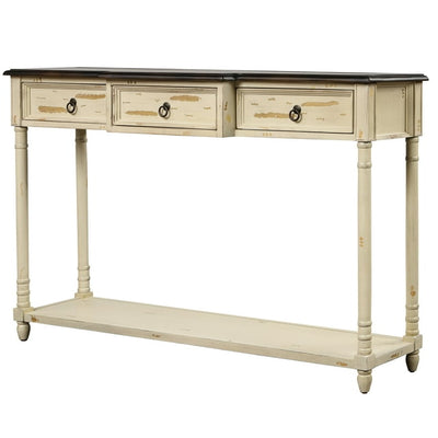Console Table Buffet Sideboard with 3 Drawers, 52'' x 11.5'' x 34'' Tall Console Table w/Solid Wood Frame and Legs, Retro Wood Distressed Finish with Bottom Shelf for Kitchen, 100lbs, Beige, S6454
