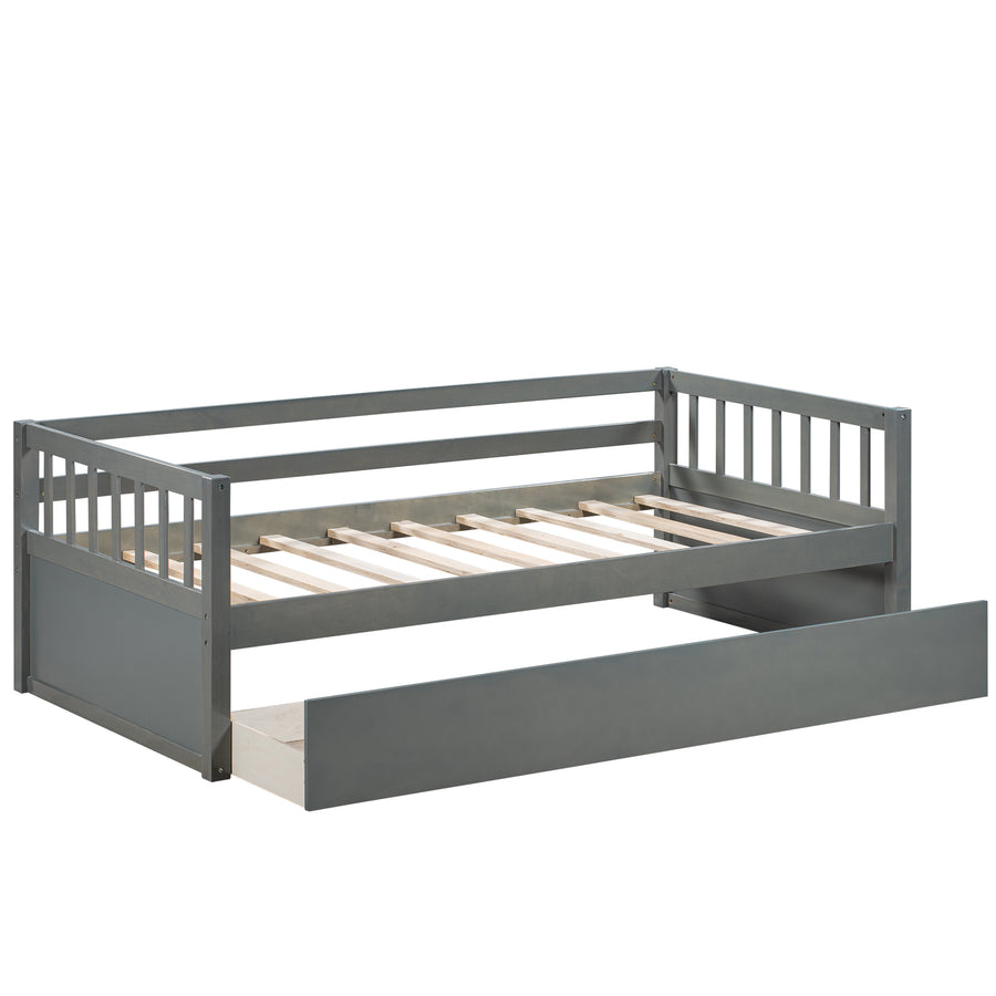 Twin Daybed Bed, SEGMART Captain Sofa Bed with 2 Storage Drawers, Wood Twin Daybed Bed with 10 Slats Strong Support, Farmhouse Style Solid Wood Bedframe for Kid's Room, Teens, Grey, S321