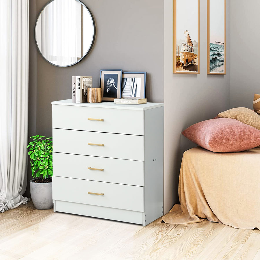 4 Drawer Dresser, 26'' x 13'' x 29'' Simple Elegant Chest of Drawers w/Metal Handles, Durable MDF Wood Chest Cabinet for Bedroom, Pure White Universal Drawer Chest for Closet to Storing Clothes, S7880