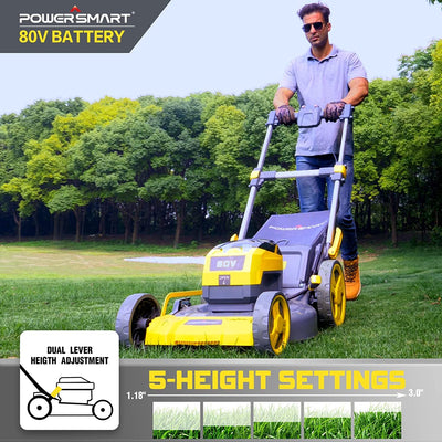 Outdoor 21Inch Lawn Mower, 80V Electric Powered Lawn Mower with 5 Adjustable Heights, 4 Wheels Engine Lawn Mower with Bag, 3-in-1 Walk-Behind Lawn Mowers, Yellow
