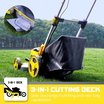Outdoor 21Inch Lawn Mower, 80V Electric Powered Lawn Mower with 5 Adjustable Heights, 4 Wheels Engine Lawn Mower with Bag, 3-in-1 Walk-Behind Lawn Mowers, Yellow