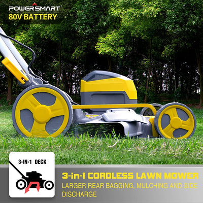 Outdoor 21Inch Lawn Mower, 80V Electric Powered Lawn Mower with 5 Adjustable Heights, 4 Wheels Engine Lawn Mower with Bag, 3-in-1 Walk-Behind Lawn Mowers, Yellow