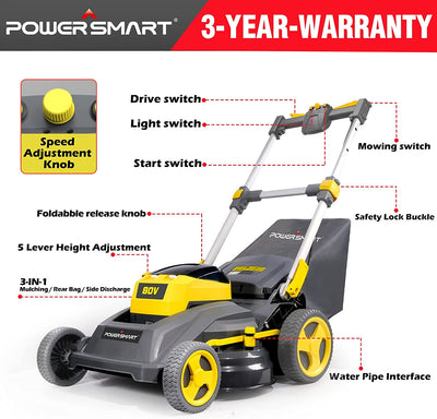 40V Lawn Mower, Lawn Mower with 5 Adjustable Heights, 4.0Ah Battery and Charger Included, 3-in-1 Walk-Behind Lawn Mowers, Bright Yellow
