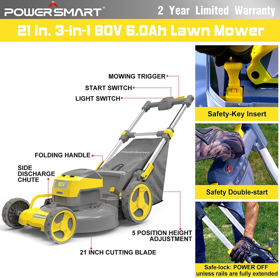 Outdoor 21Inch Lawn Mower, 80V Electric Powered Lawn Mower with 5 Adjustable Heights, 4 Wheels Engine Lawn Mower with Bag, 3-in-1 Walk-Behind Lawn Mowers, Yellow