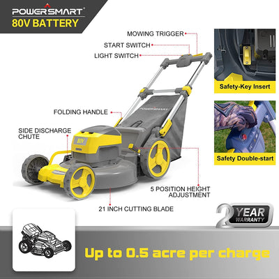 Outdoor 21Inch Lawn Mower, 80V Electric Powered Lawn Mower with 5 Adjustable Heights, 4 Wheels Engine Lawn Mower with Bag, 3-in-1 Walk-Behind Lawn Mowers, Yellow
