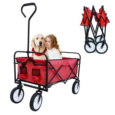 Segmart Folding Wagon Camp Cart, Outdoor Beach Wagon with Adjustable Handle & 2 Mesh Cup Holders, Utility Wagon Perfect for Camping, Beach, 150lbs, Red, S10484