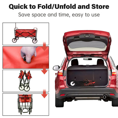 Segmart Folding Wagon Camp Cart, Outdoor Beach Wagon with Adjustable Handle & 2 Mesh Cup Holders, Utility Wagon Perfect for Camping, Beach, 150lbs, Red, S10484