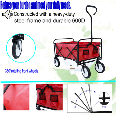 Segmart Folding Wagon Camp Cart, Outdoor Beach Wagon with Adjustable Handle & 2 Mesh Cup Holders, Utility Wagon Perfect for Camping, Beach, 150lbs, Red, S10484