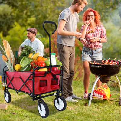 Segmart Folding Wagon Camp Cart, Outdoor Beach Wagon with Adjustable Handle & 2 Mesh Cup Holders, Utility Wagon Perfect for Camping, Beach, 150lbs, Red, S10484