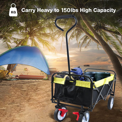 Segmart Wagon Utility Cart, Folding Outdoor Beach Wagon with Adjustable Handle & 2 Mesh Cup Holders, Wagon Perfect for Camping, Concerts, Sporting Events, Beach, 150lbs, Black + Yellow, S10484