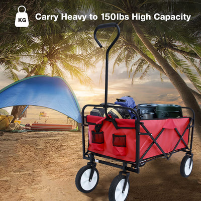 Segmart Folding Wagon Camp Cart, Outdoor Beach Wagon with Adjustable Handle & 2 Mesh Cup Holders, Utility Wagon Perfect for Camping, Beach, 150lbs, Red, S10484