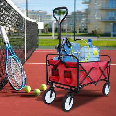 Segmart Folding Wagon Camp Cart, Outdoor Beach Wagon with Adjustable Handle & 2 Mesh Cup Holders, Utility Wagon Perfect for Camping, Beach, 150lbs, Red, S10484