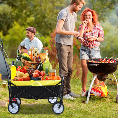 Segmart Wagon Utility Cart, Folding Outdoor Beach Wagon with Adjustable Handle & 2 Mesh Cup Holders, Wagon Perfect for Camping, Concerts, Sporting Events, Beach, 150lbs, Black + Yellow, S10484
